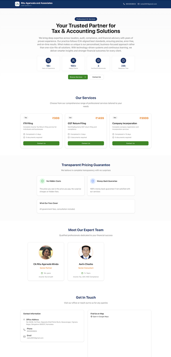 Ritu Agarwala and Associates - Professional CA website built with QwikTax showing services, team profiles, and contact information